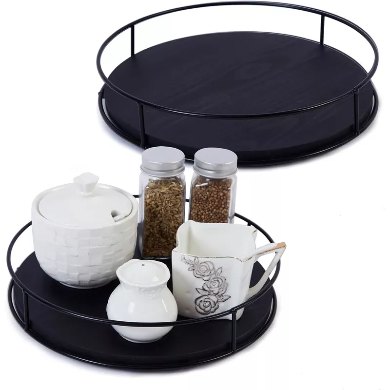 [ 2 Pack ] 9" & 10" Black Wood Lazy Susan Organizers with Steel Sides, Lazy Susan Turntable for Cabinet, Kitchen Turntable Storage for Table, Countertop, Pantry