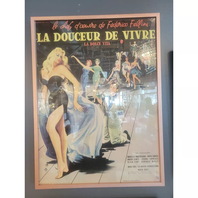 'La Dolce Vita' 1960 French Movie Poster by Yves Thos in Pink Frame